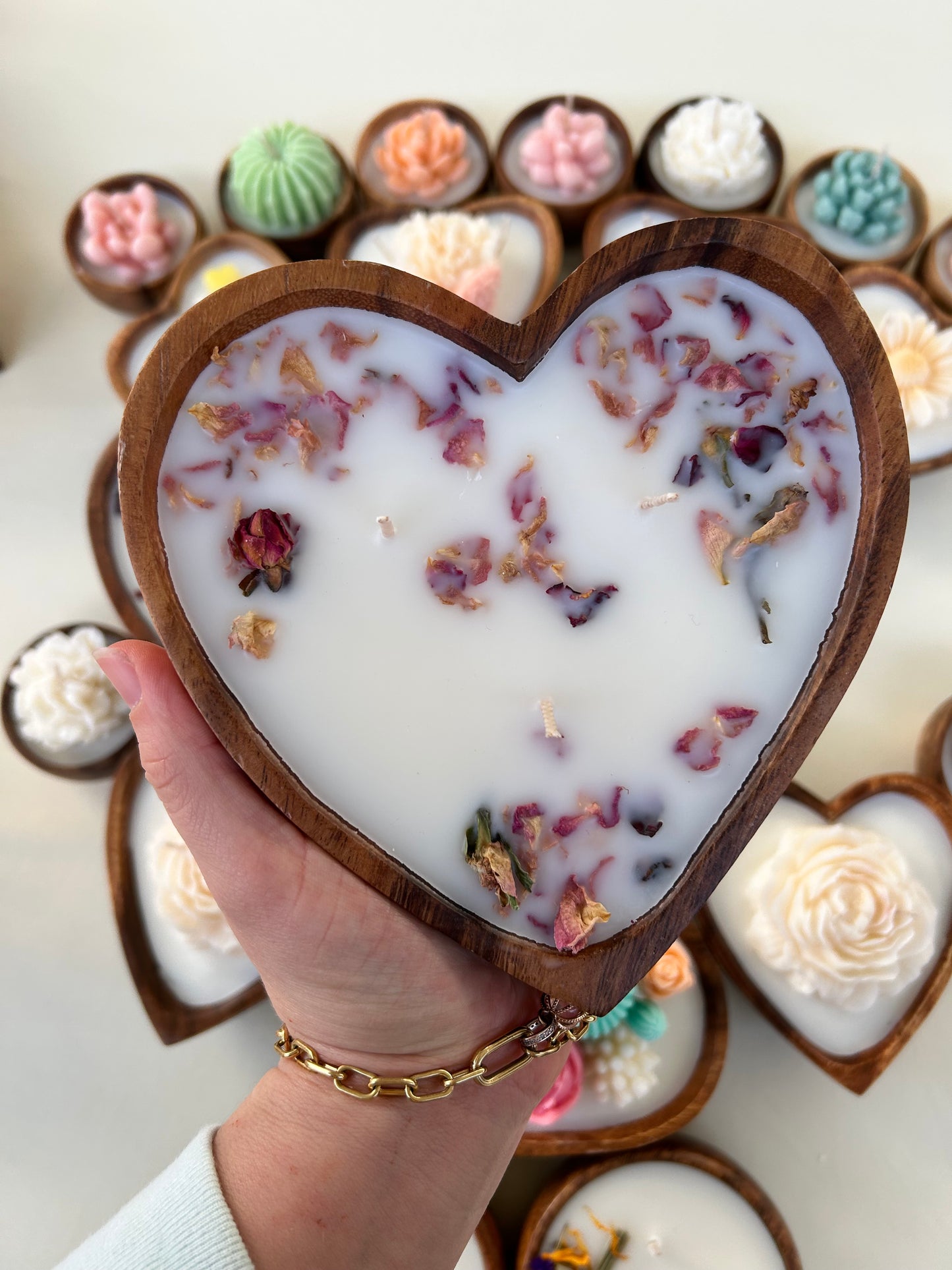 Wooden heart bowl rose petals